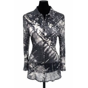 Kamarov Womens Collared Button Up Semi-Sheer Boho Blouse‎ Large Black Tie-Dye